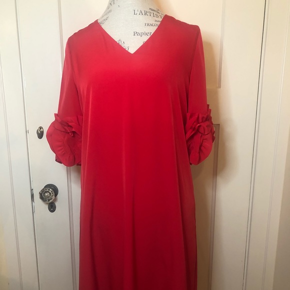 NWOT RED HOT ALFANI midi sheath dress w/ 3/4 ruffle sleeves - Picture 3 of 8
